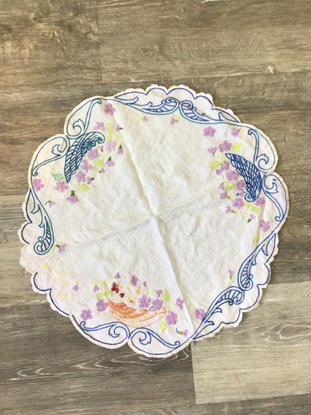Vintage Embroidered Linen Doily Table Covering